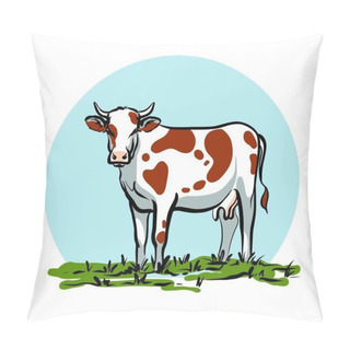 Personality  The Cow Stands Tall. Composition In A Circle. The Emblem Is Colored. Illustration In Vector. Pillow Covers