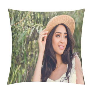 Personality  Beautiful Young Woman In Straw Hat Posing Near Willow Tree Pillow Covers