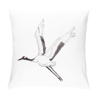 Personality  Japanese Red-crown Crane Bird Flying On White Background.  Watercolor Hand Painting Illustration For Decoration On Wallpaper, Fabric Textile, Cover Page, Template, Postcard, Poster. Pillow Covers