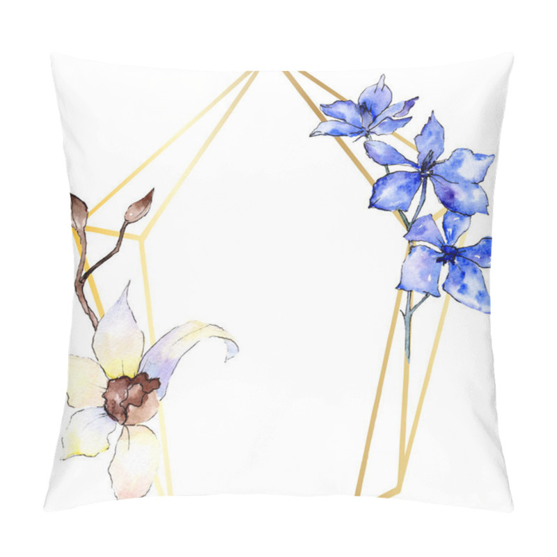 Personality  Purple and white orchid flowers. Watercolor background illustration. Golden polygonal frame with flowers. Geometric polyhedron crystal shape. pillow covers