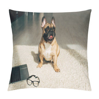 Personality  Adorable French Bulldog Sitting On Carpet Near Laptop And Glasses  Pillow Covers