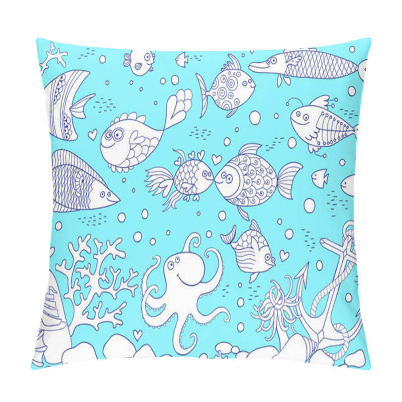 Personality  Coloring of underwater world. Aquarium with fish, octopus, corals, anchor, shells, stones, bottle with sailboat. pillow covers