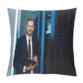 Personality  Happy Businessman In Glasses Holding Clipboard In Data Center  Pillow Covers