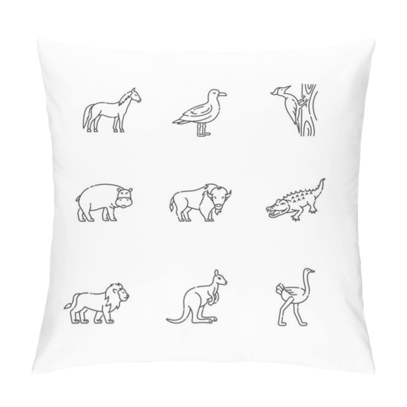 Personality  Flying and land animals pixel perfect linear icons set. Common birds and exotic wildlife customizable thin line contour symbols. Isolated vector outline illustrations. Editable stroke pillow covers