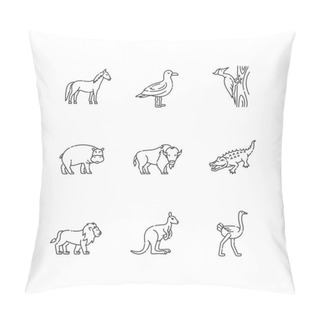 Personality  Flying And Land Animals Pixel Perfect Linear Icons Set. Common Birds And Exotic Wildlife Customizable Thin Line Contour Symbols. Isolated Vector Outline Illustrations. Editable Stroke Pillow Covers
