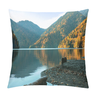 Personality  Beautiful View On The Mountain Lake Ritsa With The Colorful Autumn Trees On The Hills And Reflection In The Water, Autumn Landscape Background. Pillow Covers