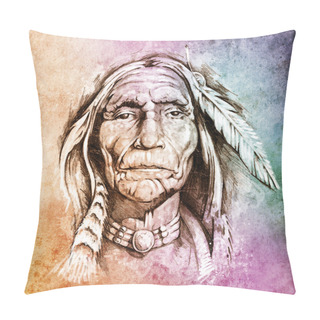 Personality  Sketch Of Tattoo Art, Portrait Of American Indian Head Over Colo Pillow Covers