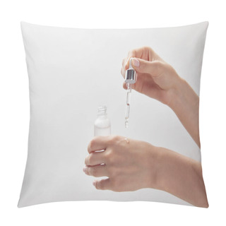 Personality  Cropped View Of Woman Holding Cosmetic Glass Bottle, Applying Moisturizer Serum On Skin Pillow Covers