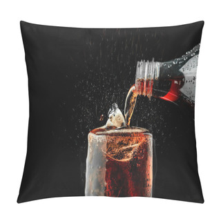 Personality  Pour Soft Drink In Glass With Ice Splash On Dark Background. Pillow Covers