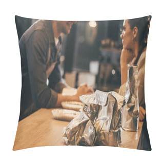 Personality  Selective Focus Of Colleagues Having Conversation At Table In Coffee Chop Pillow Covers
