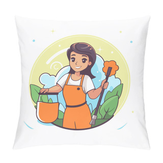 Personality  Vector Illustration Of Woman Gardener With Mop And Watering Can. Pillow Covers