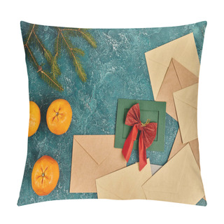 Personality  Green Card With Red Bow Near Envelopes, Tangerines And Pine Branches On Blue Backdrop, Christmas Pillow Covers