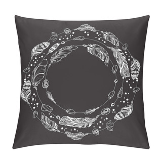 Personality  Wreath With Feathers And Crystals Gems. Hand Drawn Vector Illustration. Pillow Covers