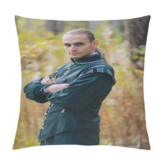 Personality  Sexy Guy In The Woods. In Beautiful, Old Clothes Of Green Color. A Medieval . Fantasy.  Pillow Covers