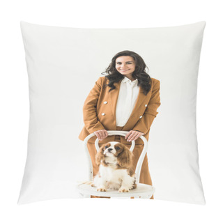 Personality  Happy Pregnant Woman In Suit Standing Near Dog On Chair And Looking At Camera Isolated On White  Pillow Covers