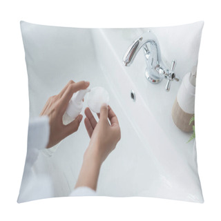 Personality  Cropped View Of African American Woman Holding Bottle With Cleanser And Cotton Pad Near Sink Pillow Covers