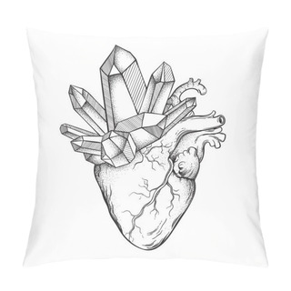 Personality  Crystals Growing From Human Heart Isolated On White Background. Hand Drawn Line Art And Dot Work Vector Illustration. Black Work, Flash Tattoo Or Print Design Pillow Covers
