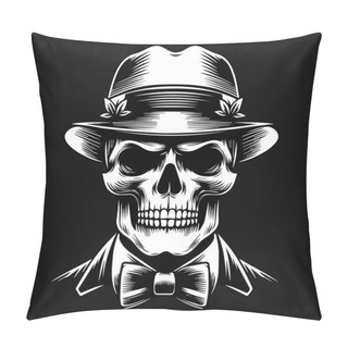 Personality  Dark Art Skull Mafia Head With Hat And Collar Black And White Illustration Pillow Covers
