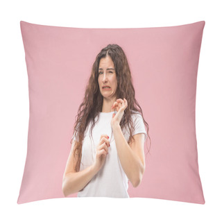 Personality  Young Woman With Disgusted Expression Repulsing Something, Isolated On The Pink Pillow Covers