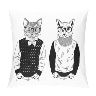 Personality  Two Friendly Cat Pets In Pose Of Fashion Models. Creative Set Of Hand Drawn Animals With Human Body. Vector Illustration For Coloring Book. Pillow Covers