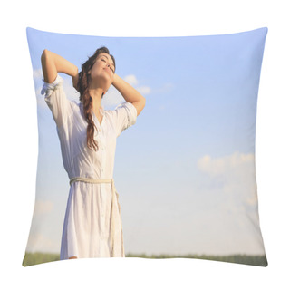 Personality  Young Happy Woman In Green Field Pillow Covers