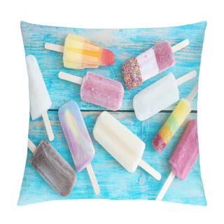 Personality  Frozen Assorted Ice Lollies On A Wooden Background Pillow Covers
