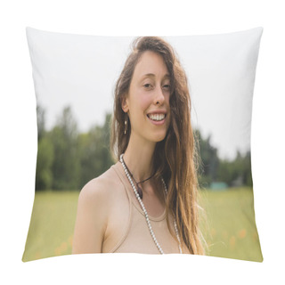 Personality  Portrait Of Smiling Brunette Woman Smiling At Camera In Field  Pillow Covers