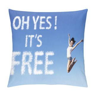 Personality  Excited Asian Woman Jumping With A Free Sign Pillow Covers