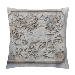 Personality  Stone Kylin (Qilin) Statue In Chenghuang Temple Shanghai, China. A Mythical Hooved Chimerical Creature Known In Chinese And Other East Asian Cultures Pillow Covers