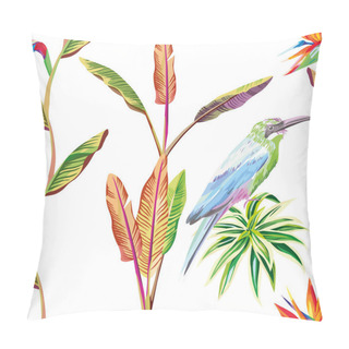 Personality  Seamless Composition Of Tropical Leaves Flowers And Bird White B Pillow Covers