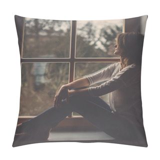 Personality  Young Attractive Woman, Sitting On A Window, Looking Outside Pillow Covers