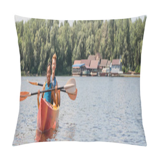 Personality  Smiling Redhead Man And Cheerful African American Woman In Life Vests Holding Paddles While Sailing In Sportive Kayak On Lake With Calm Water And Green Picturesque Shore, Banner  Pillow Covers