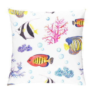 Personality  Exotic Fishes, Sea Corals And Water Baubles. Repeating Pattern. Watercolor Pillow Covers