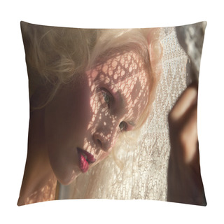 Personality  Nostalgia. Fondness.Genuine Serene Blond Woman In Reverie. Affection Pillow Covers