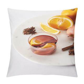 Personality  Close Up View Of Hot Mulled Wine In Glass, Spices And Fresh Fruits On White Surface Pillow Covers