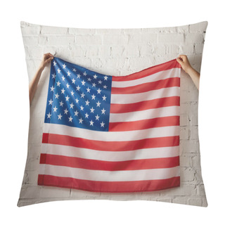 Personality  Cropped Image Of Man And Woman Holding American Flag Against Brick Wall  Pillow Covers