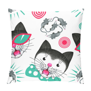 Personality  Seamless Pattern With  Cats And Mice. Pillow Covers
