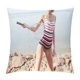 Personality  Cropped View Of Sportswoman In Retro Striped Swimsuit Posing With White Tennis Racket On Rocky Beach Near Sea Pillow Covers