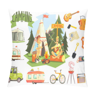 Personality  Two Guys Enjoying Camping In Forest Surrounded By Related Objects Icons Pillow Covers