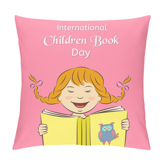 Personality  International Children Book Day Concept. Laughing Girl Is Reading A Book. Vector Illustration. Usable For Design, Invitation, Banner, Background, Poster Pillow Covers