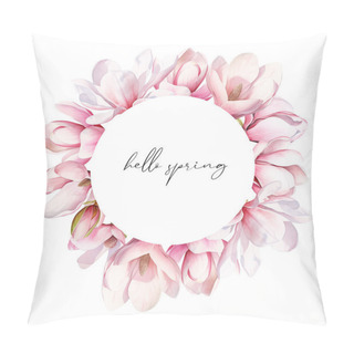 Personality  Watercolor Floral Round Frame With Magnolia And Flowers, Isolated Illustration For Wedding And Holiday Cards, Posters Pillow Covers