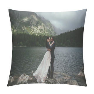 Personality  Happy Newlyweds On Coast Of Mountain Lake  Pillow Covers