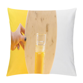 Personality  Cropped View Of Woman Holding Marble Circle Near Glass Of Fresh Delicious Yellow Smoothie On Grey And Yellow Background, Panoramic Shot Pillow Covers
