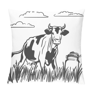 Personality  Cattle Grazing. Silhouette Of A Cow Grazing In The Meadow. Can Of Fresh Steam. Milk Stands On The Grass Pillow Covers