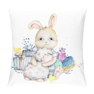 Personality  Hand Drawn Watercolor Happy Easter Set With Bunnies With Sheep And Mill Design. Rabbit Bohemian Cartoon Style, Isolated Boho Illustration On White Background Pillow Covers