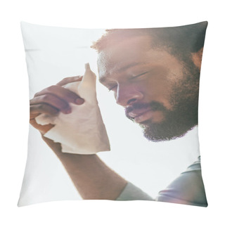 Personality  Exhausted African American Man Holding Napkin While Suffering From Summer Heat With Closed Eyes Pillow Covers