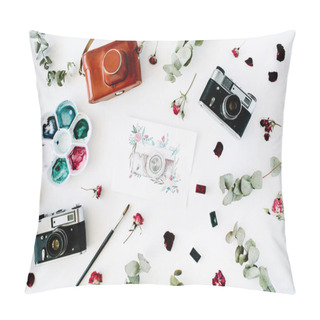 Personality  Artist Workspace With Vintage Retro Photo Camera Pillow Covers
