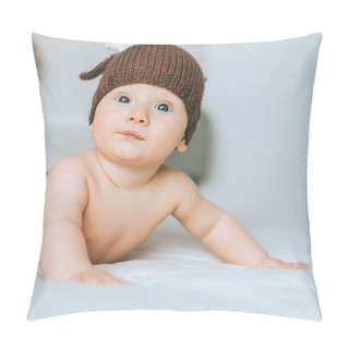 Personality  Close-up Shot Of Beautiful Infant Child In Knitted Deer Hat In Bed Pillow Covers