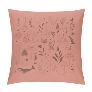 Personality  Set Of Different Decorative Elements With Branches, Flowers, Animals And Various Objects Drawing On Coral Background Pillow Covers