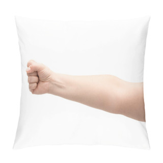 Personality  Cropped View Of Woman Showing Fist Isolated On White Pillow Covers